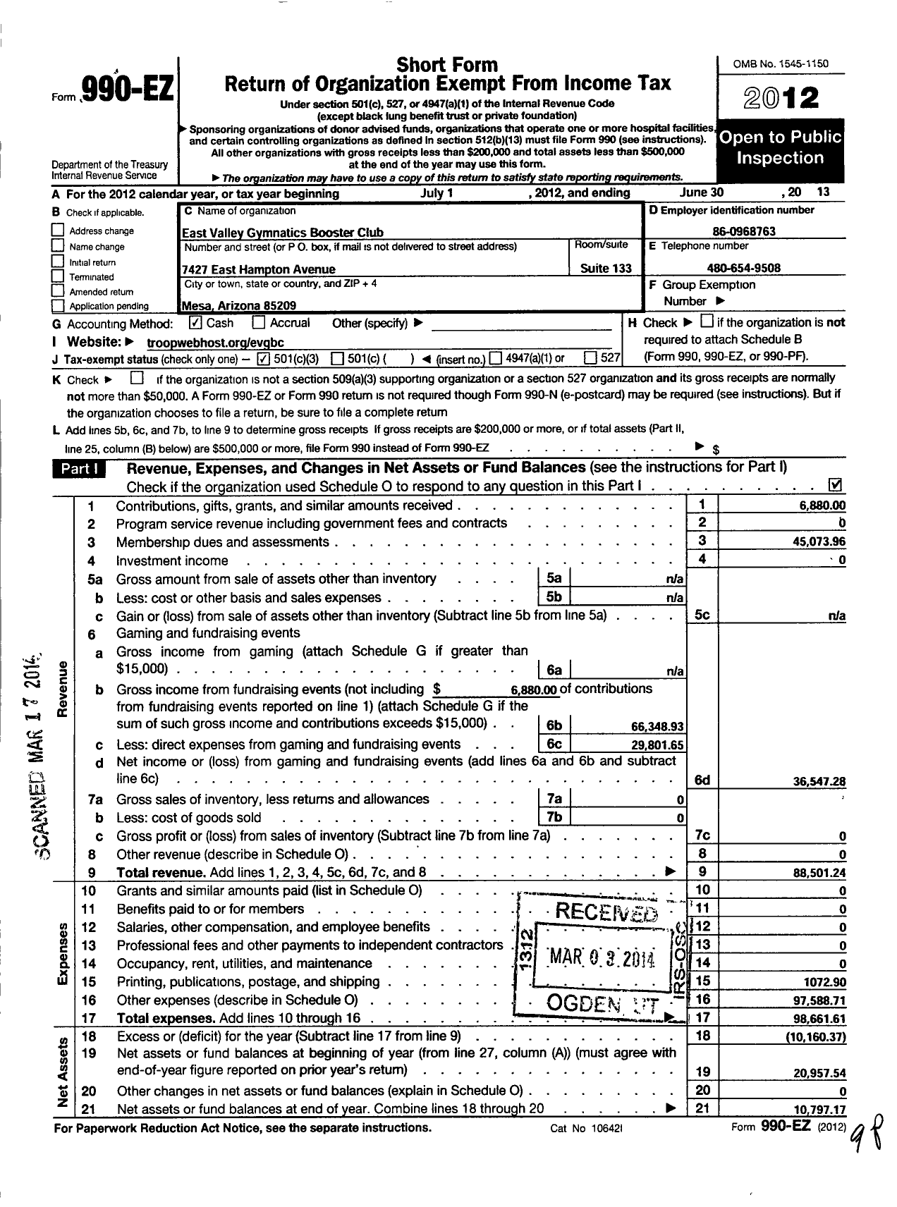 Image of first page of 2012 Form 990EZ for East Valley Gymnastics Booster