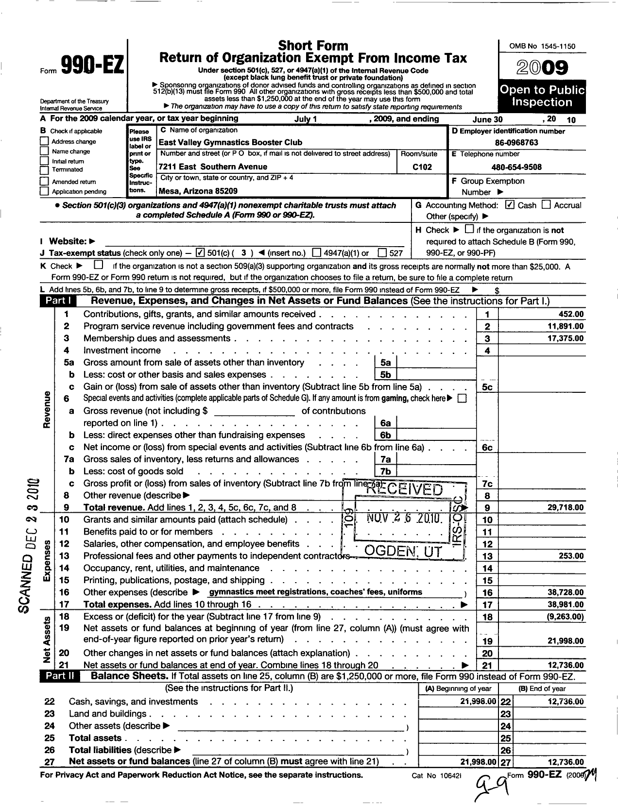 Image of first page of 2009 Form 990EZ for East Valley Gymnastics Booster