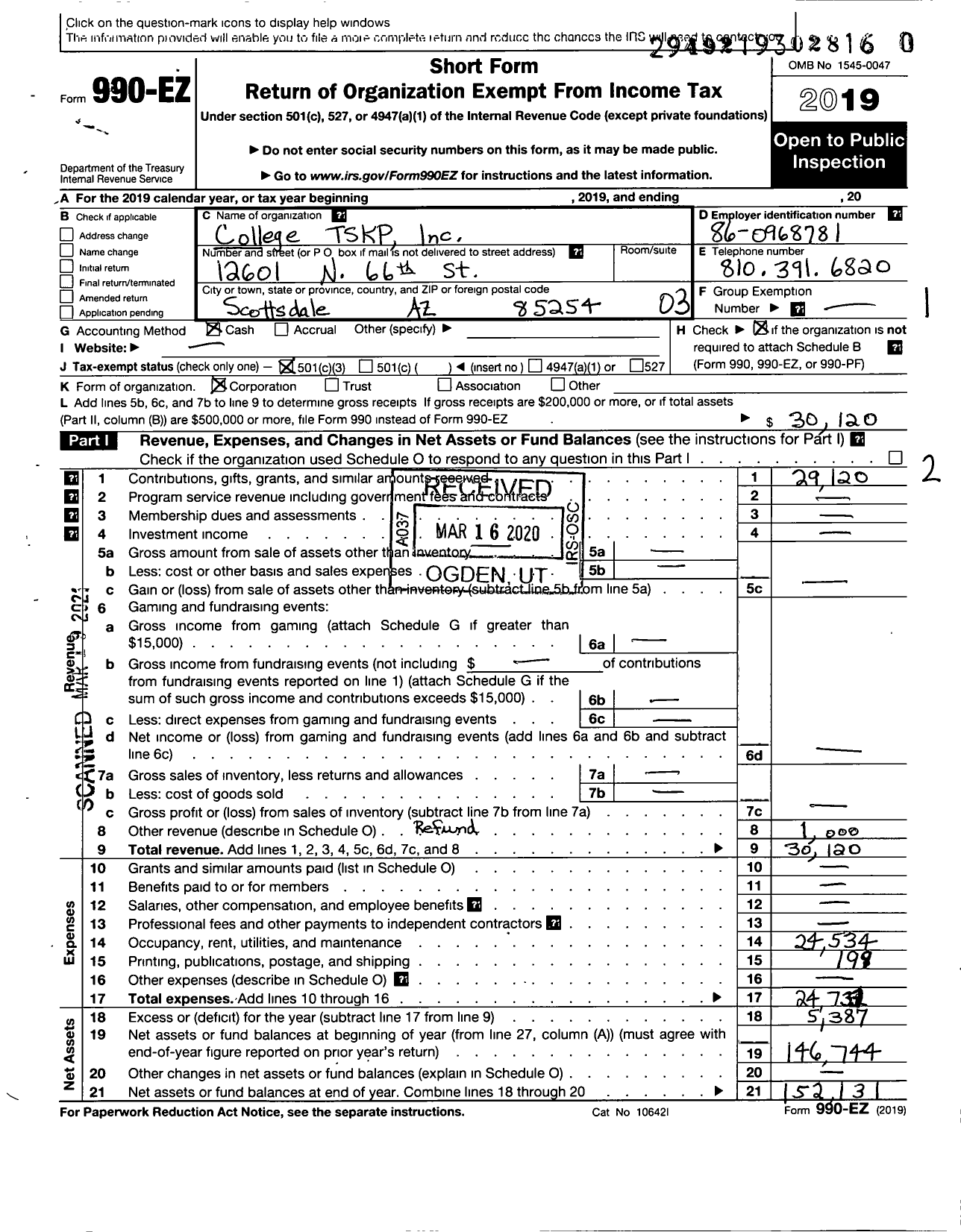 Image of first page of 2019 Form 990EZ for College TSKP