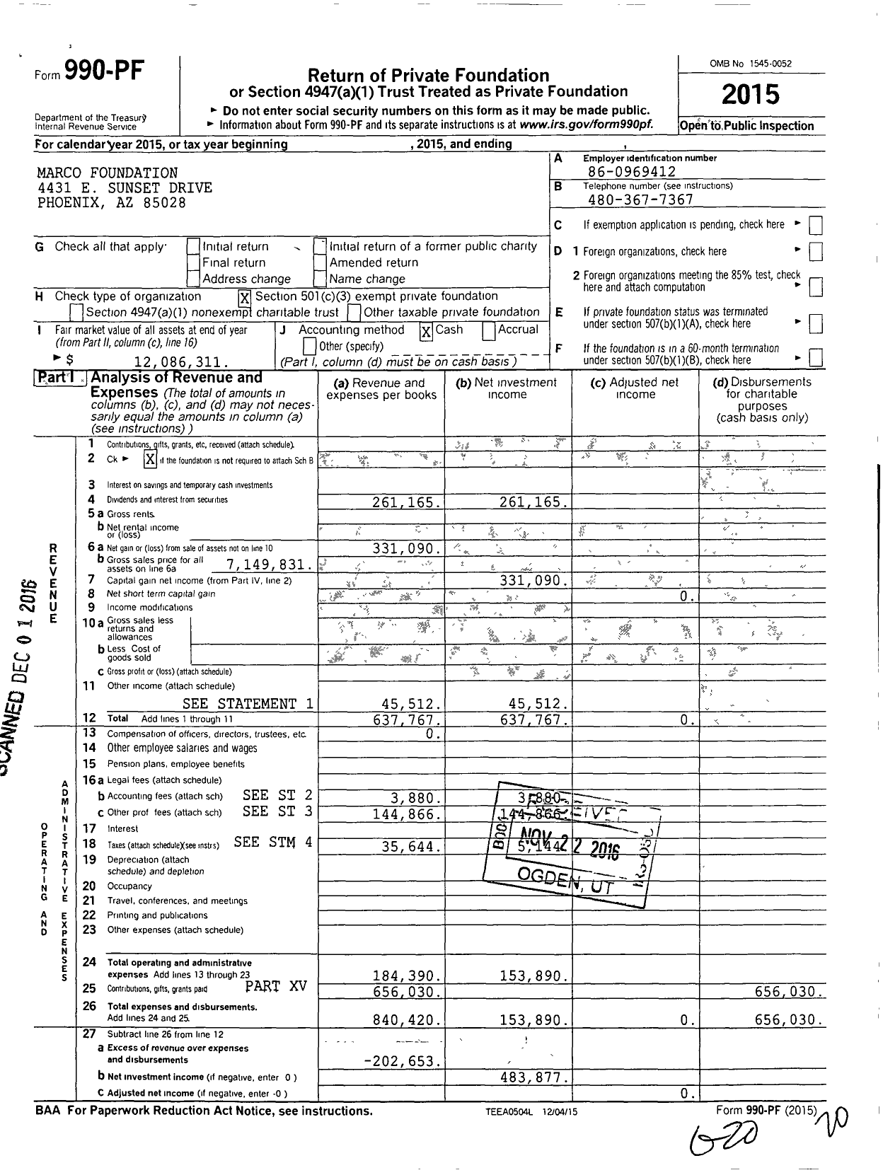 Image of first page of 2015 Form 990PF for Marco Foundation
