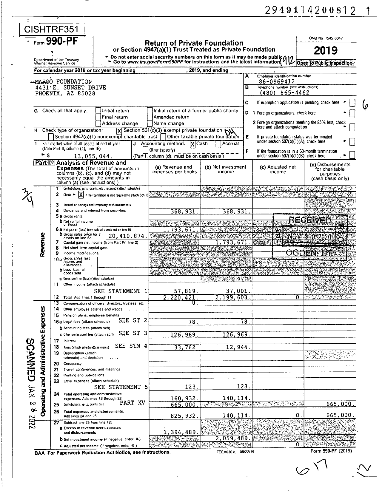 Image of first page of 2019 Form 990PF for Marco Foundation