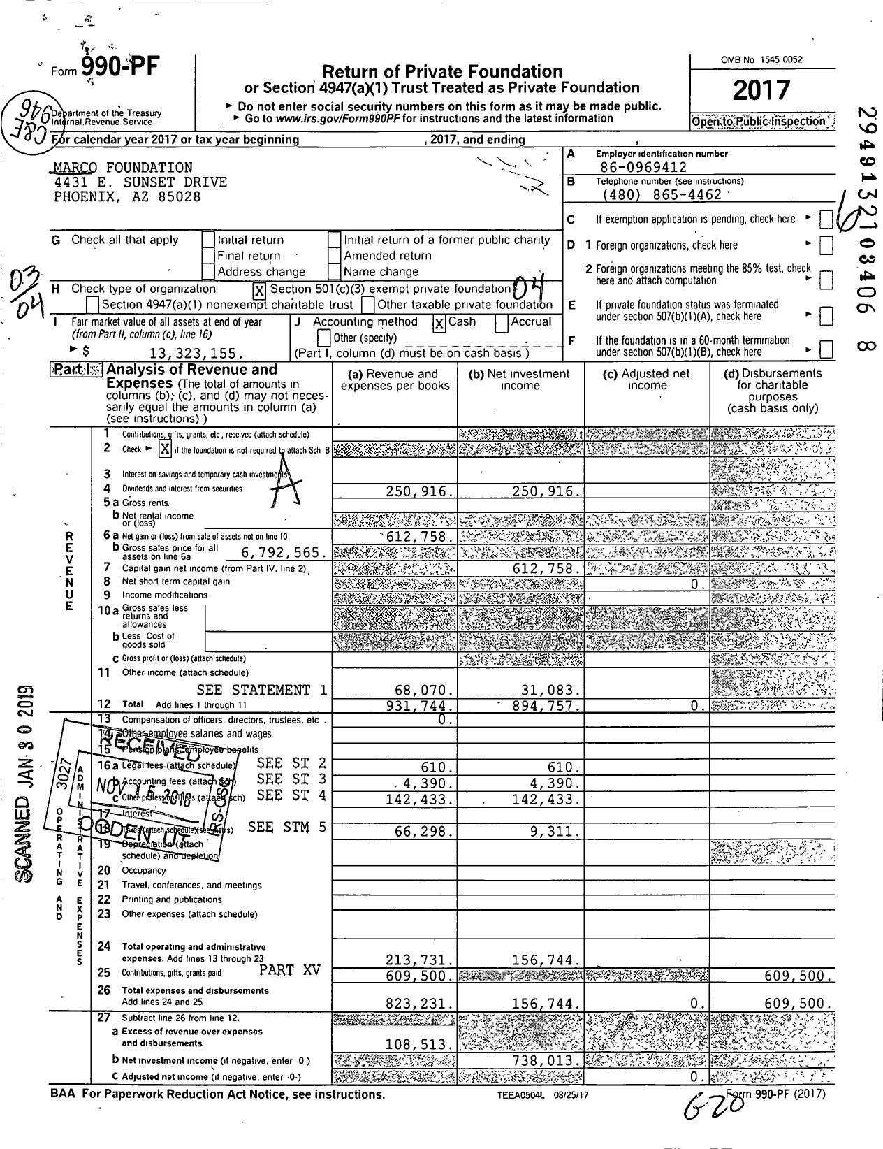 Image of first page of 2017 Form 990PF for Marco Foundation