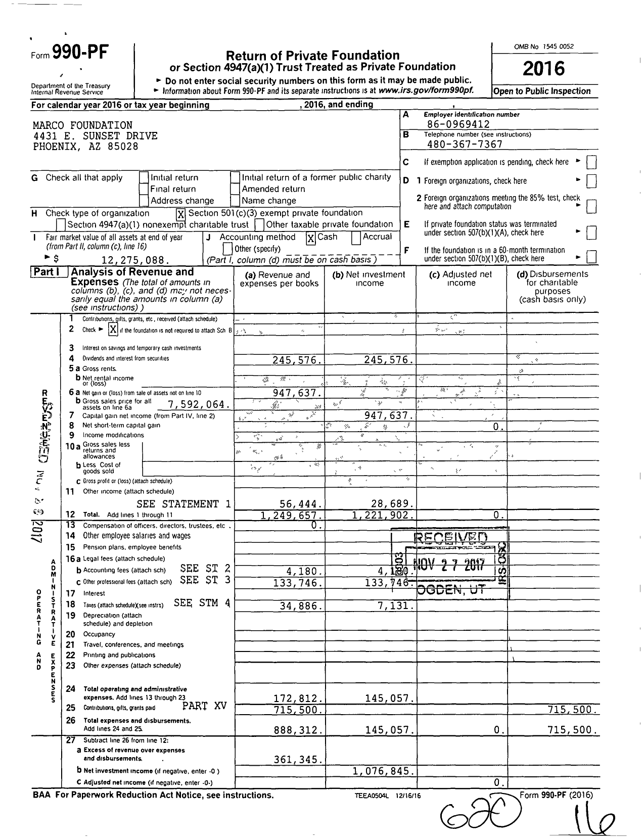 Image of first page of 2016 Form 990PF for Marco Foundation