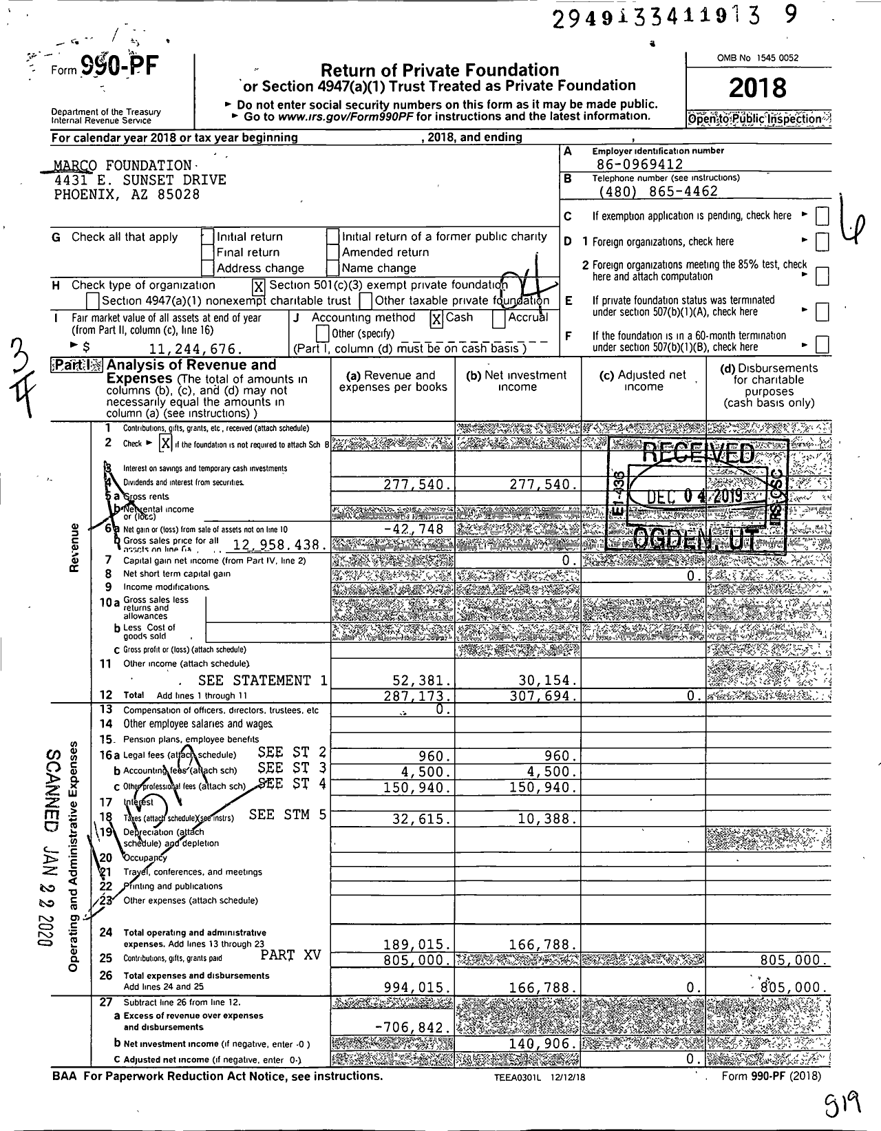 Image of first page of 2018 Form 990PF for Marco Foundation