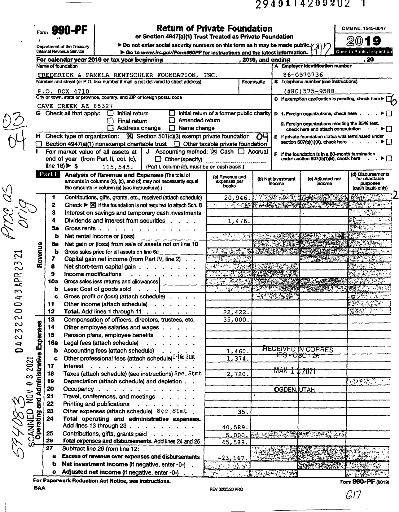 Image of first page of 2019 Form 990PF for Frederick and Pamela Rentschler Foundation