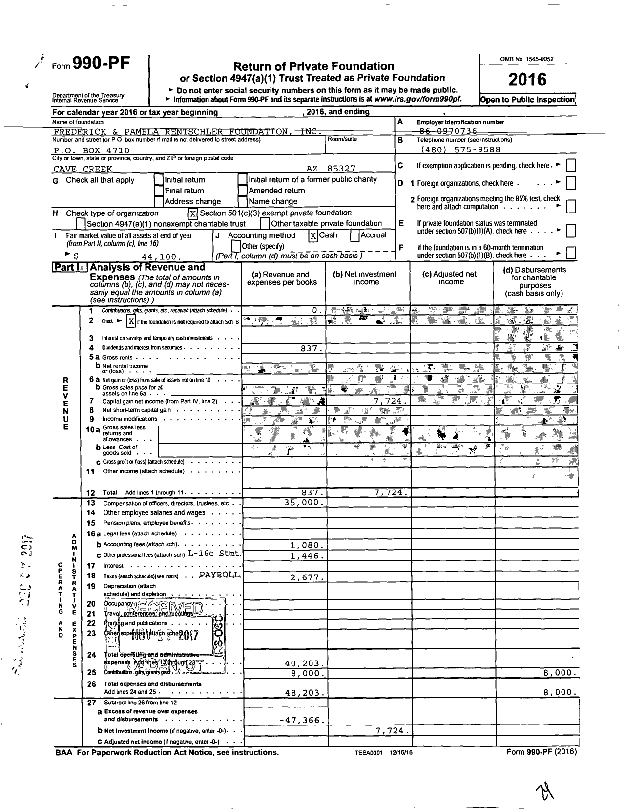 Image of first page of 2016 Form 990PF for Frederick and Pamela Rentschler Foundation