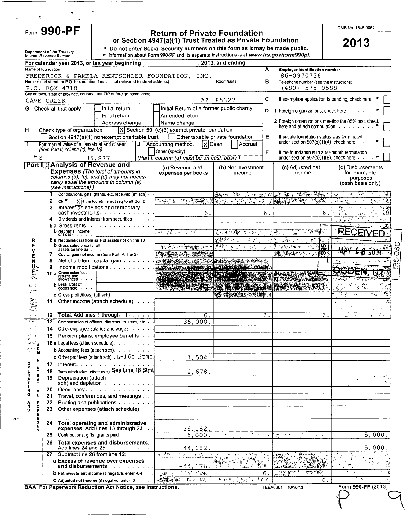Image of first page of 2013 Form 990PF for Frederick and Pamela Rentschler Foundation