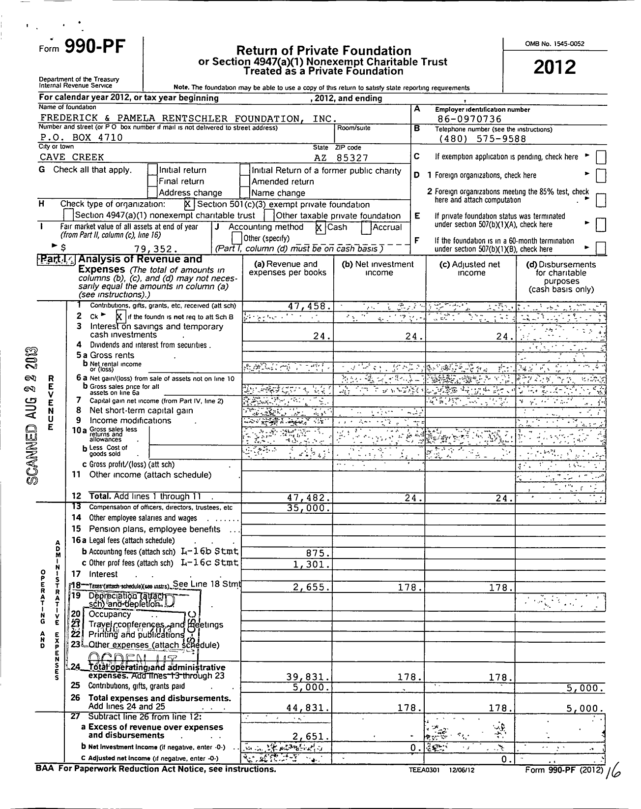 Image of first page of 2012 Form 990PF for Frederick and Pamela Rentschler Foundation