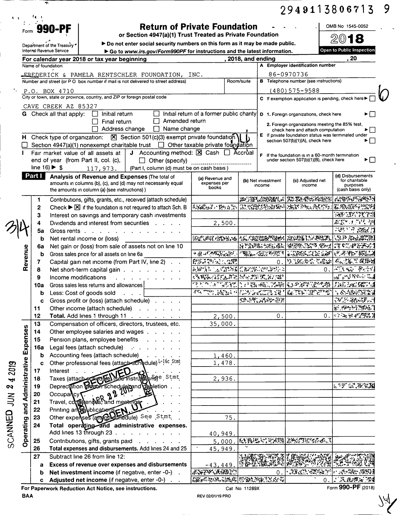 Image of first page of 2018 Form 990PF for Frederick and Pamela Rentschler Foundation
