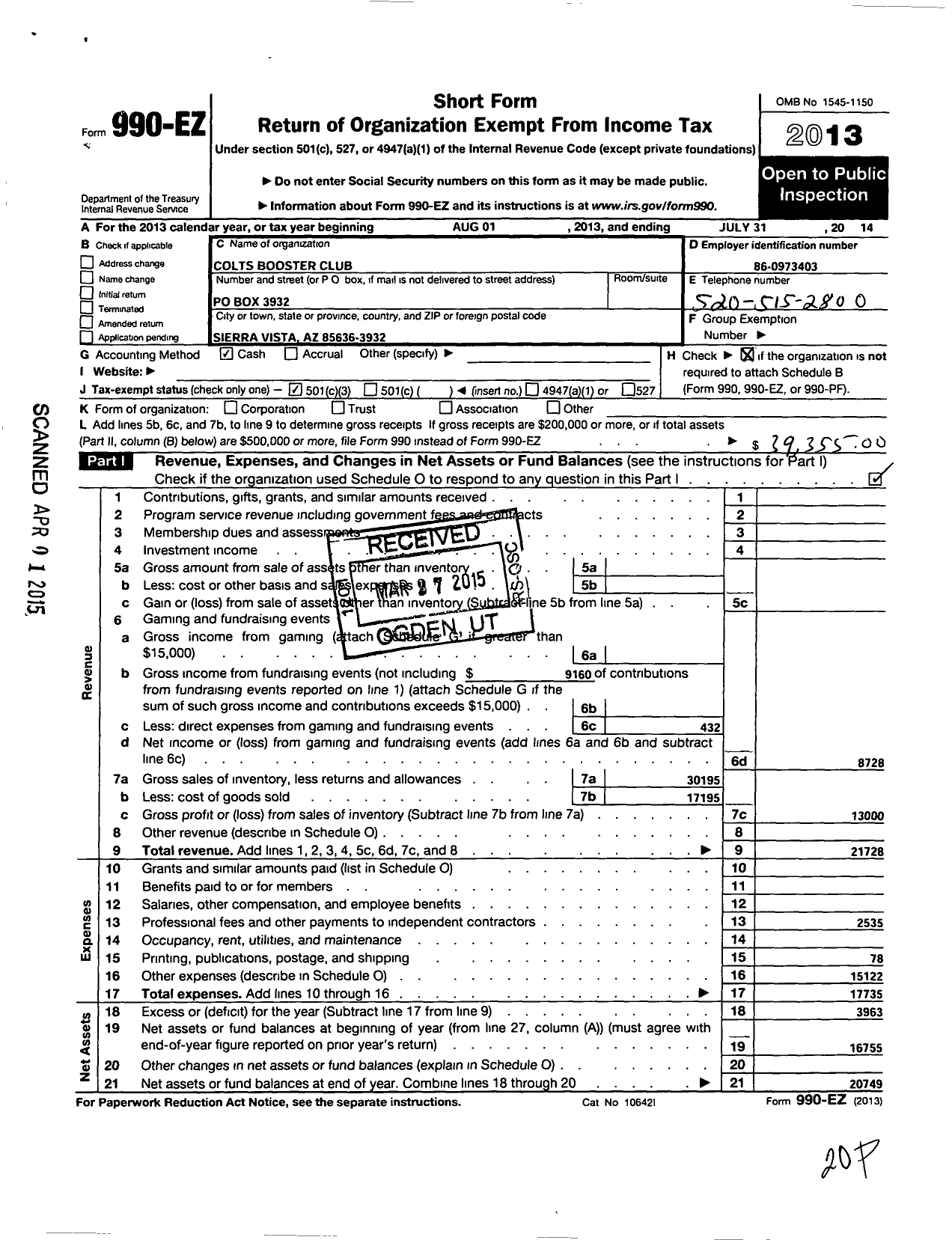 Image of first page of 2013 Form 990EZ for Buena High Colts Booster Club