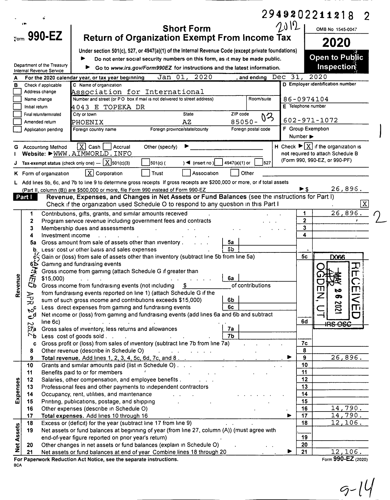 Image of first page of 2020 Form 990EZ for Association for International Ministries (AIM)