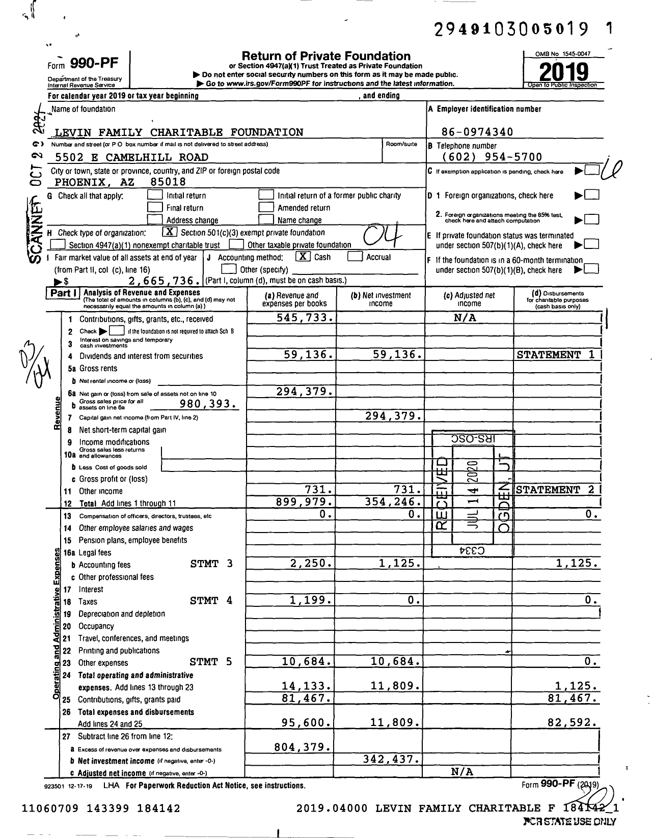 Image of first page of 2019 Form 990PF for Levin Family Charitable Foundation