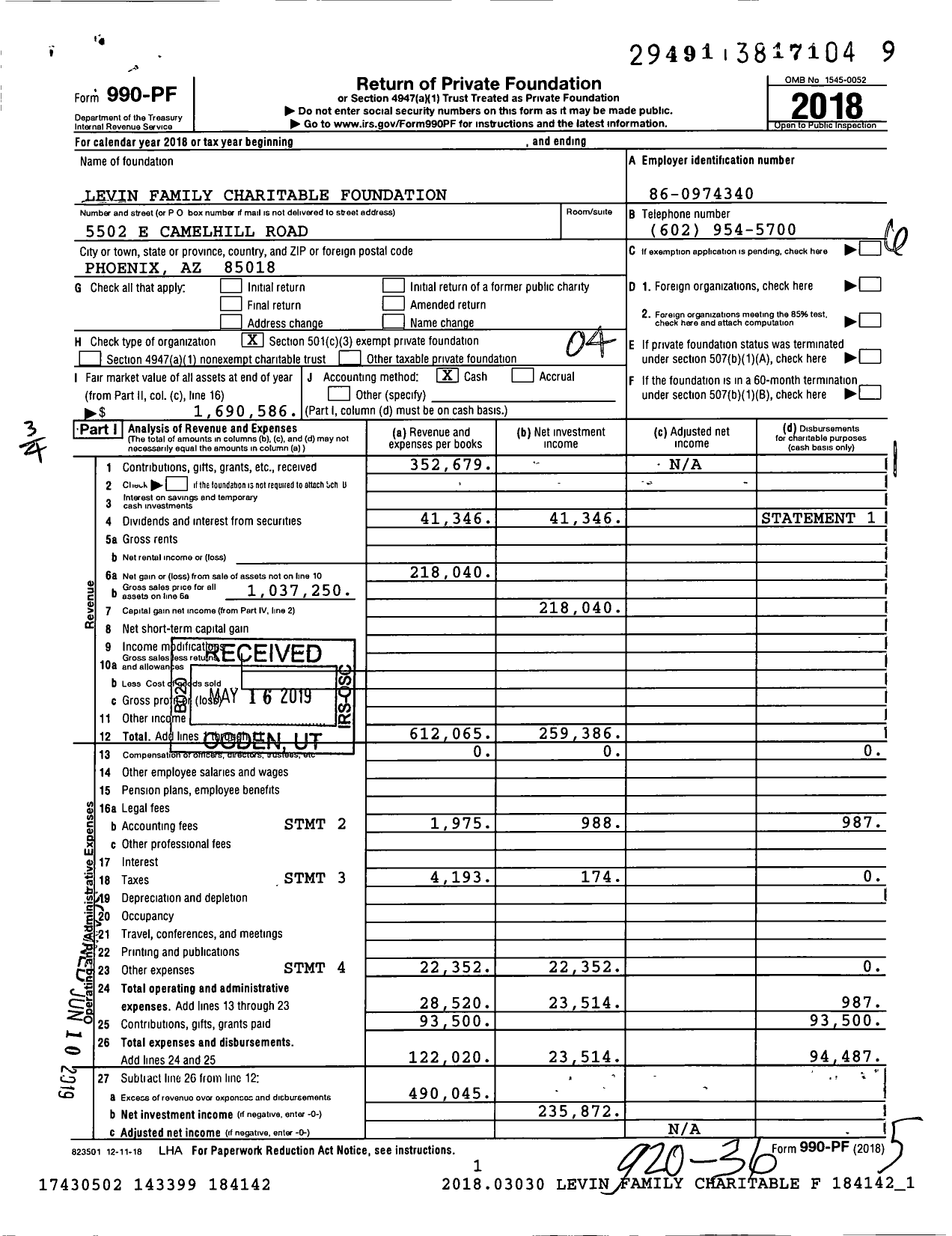 Image of first page of 2018 Form 990PF for Levin Family Charitable Foundation