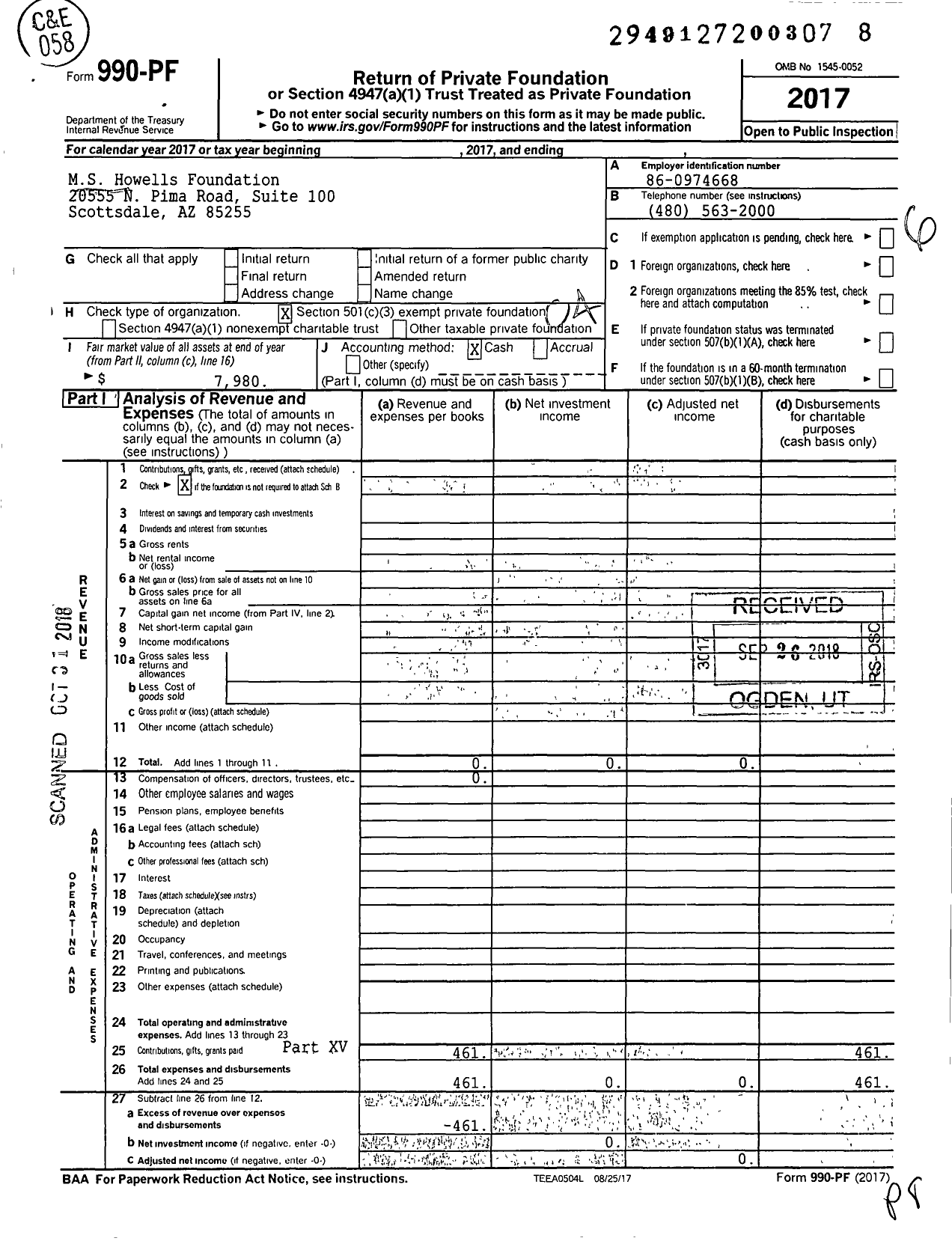 Image of first page of 2017 Form 990PF for MS Howells Foundation