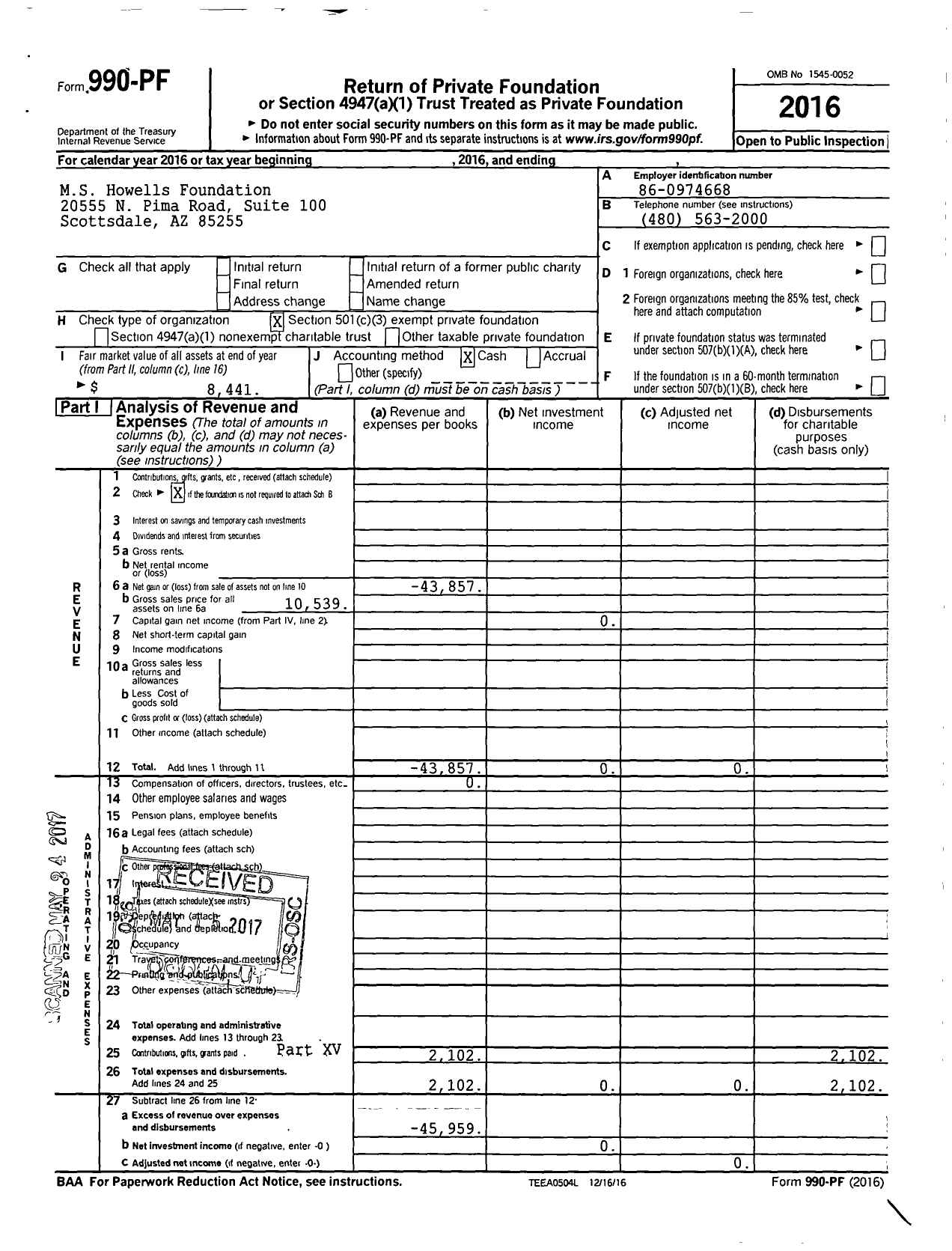 Image of first page of 2016 Form 990PF for MS Howells Foundation