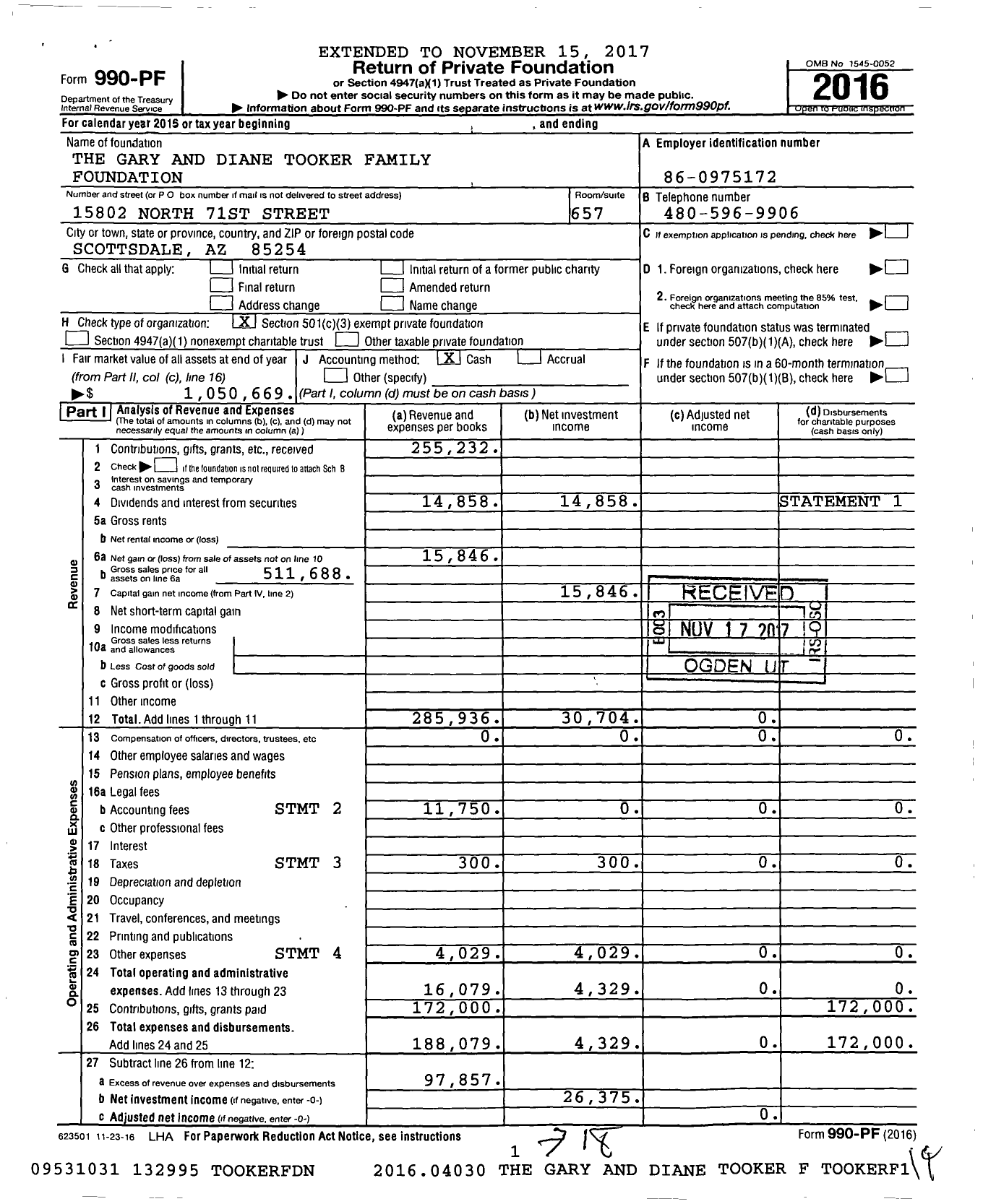Image of first page of 2016 Form 990PF for The Gary and Diane Tooker Family Foundation