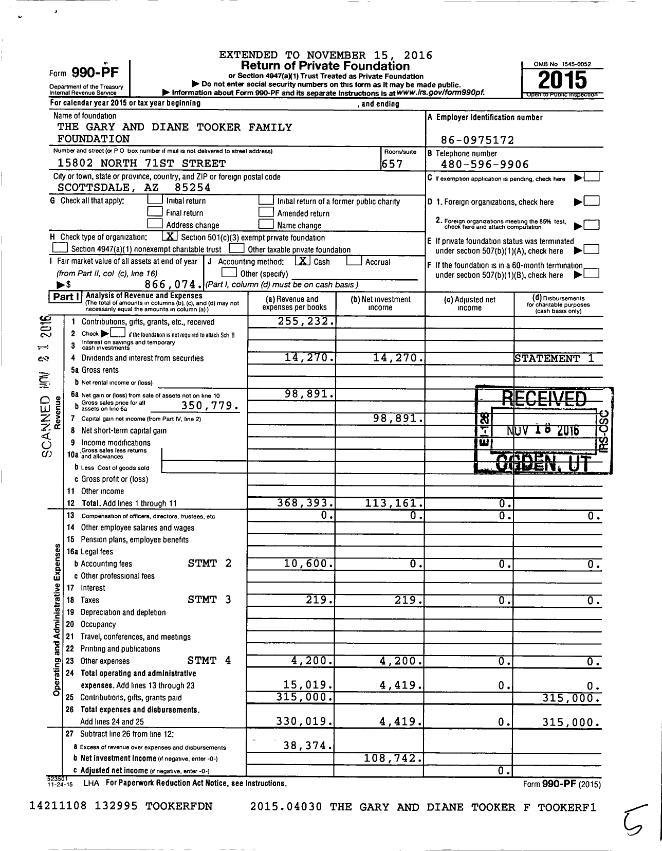 Image of first page of 2015 Form 990PF for The Gary and Diane Tooker Family Foundation