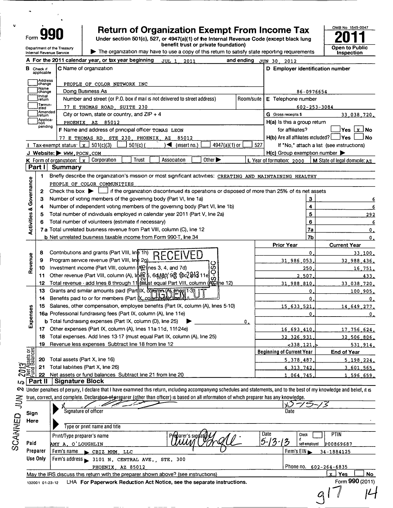 Image of first page of 2011 Form 990 for People of Color Network (PCN)