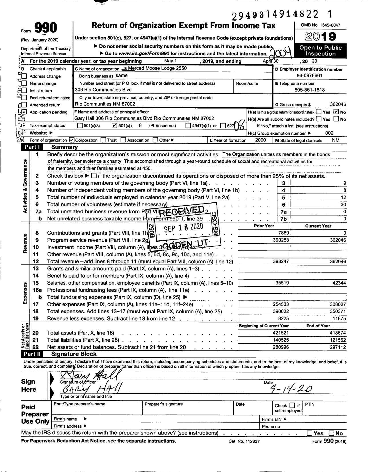 Image of first page of 2019 Form 990O for Loyal Order of Moose - 2550