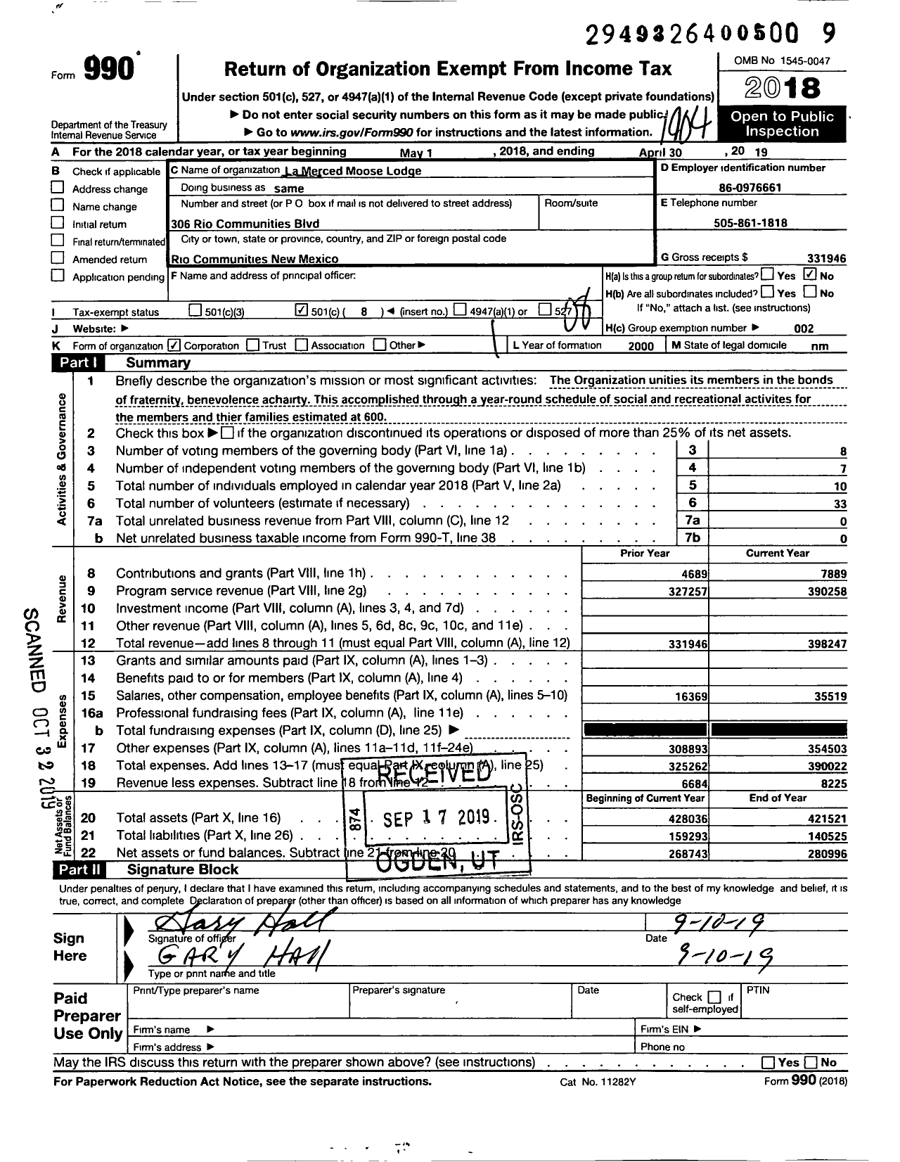 Image of first page of 2018 Form 990O for Loyal Order of Moose - 2550