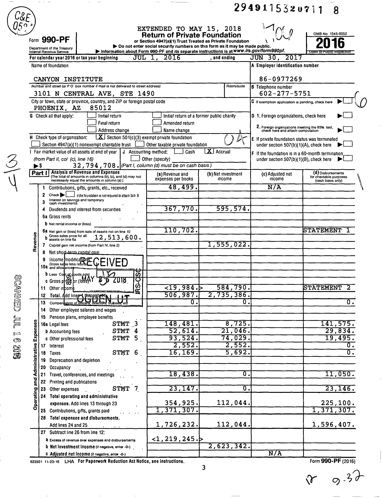 Image of first page of 2016 Form 990PF for Canyon Institute