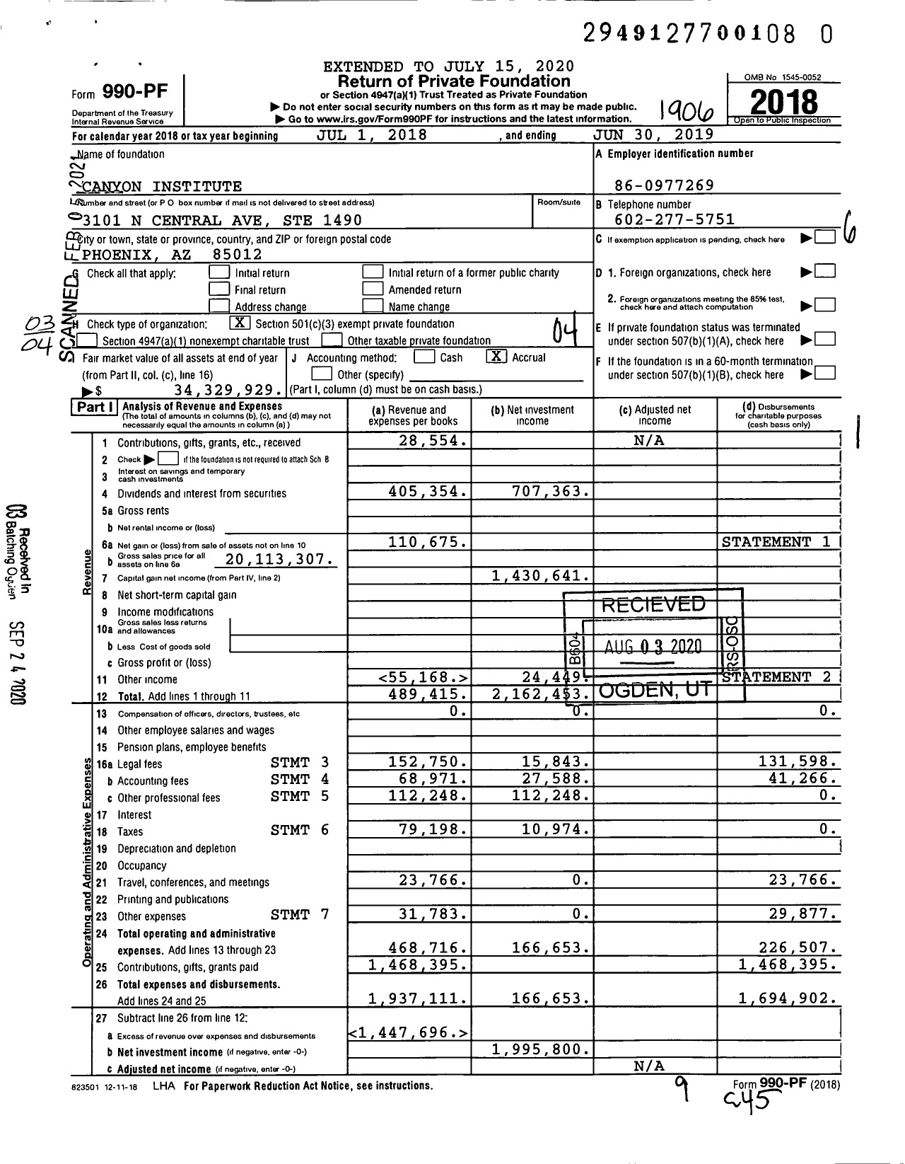 Image of first page of 2018 Form 990PF for Canyon Institute