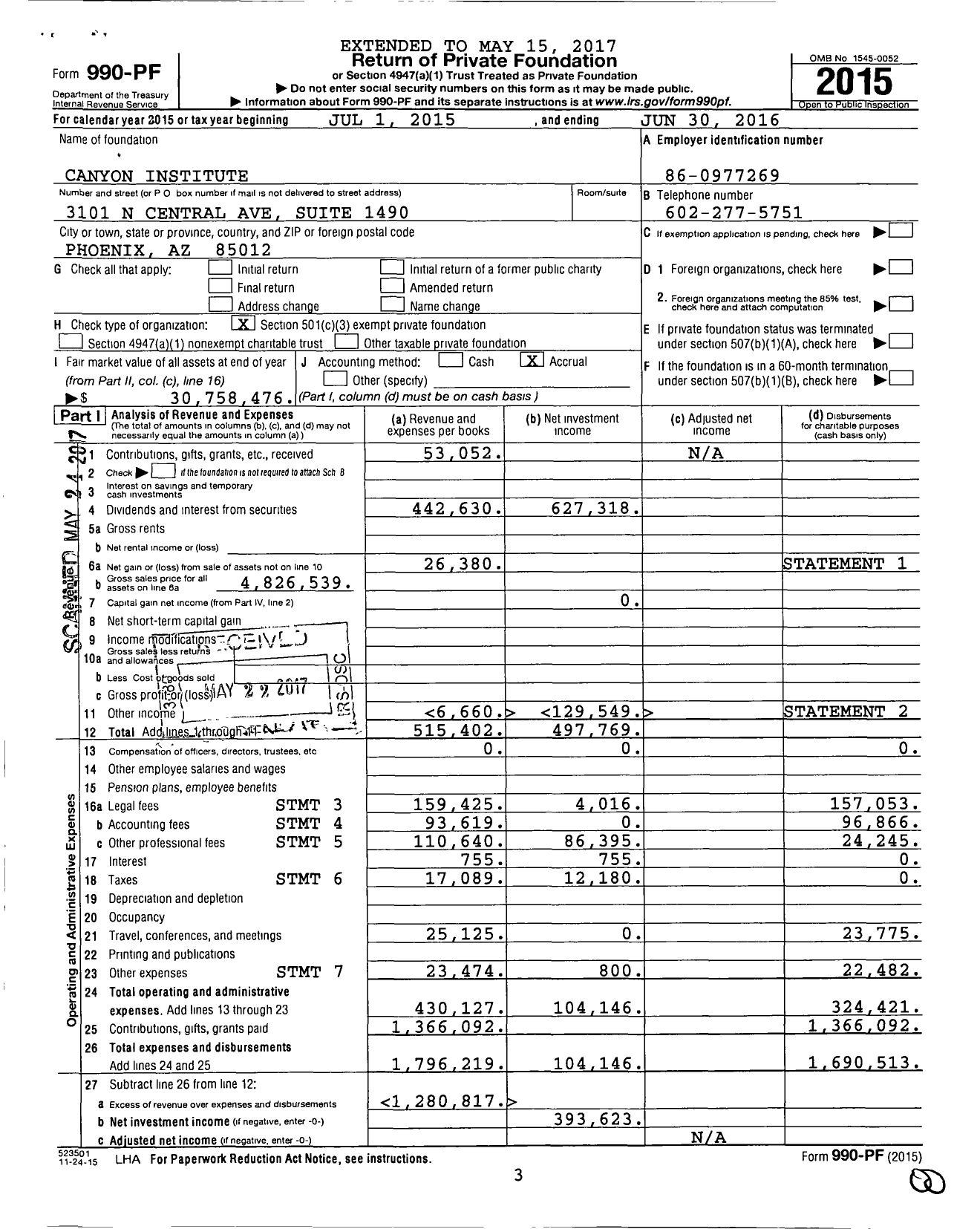 Image of first page of 2015 Form 990PF for Canyon Institute