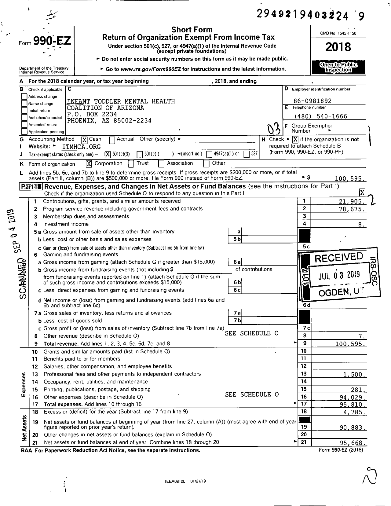Image of first page of 2018 Form 990EZ for Infant Toddler Mental Health Coalition of Arizona