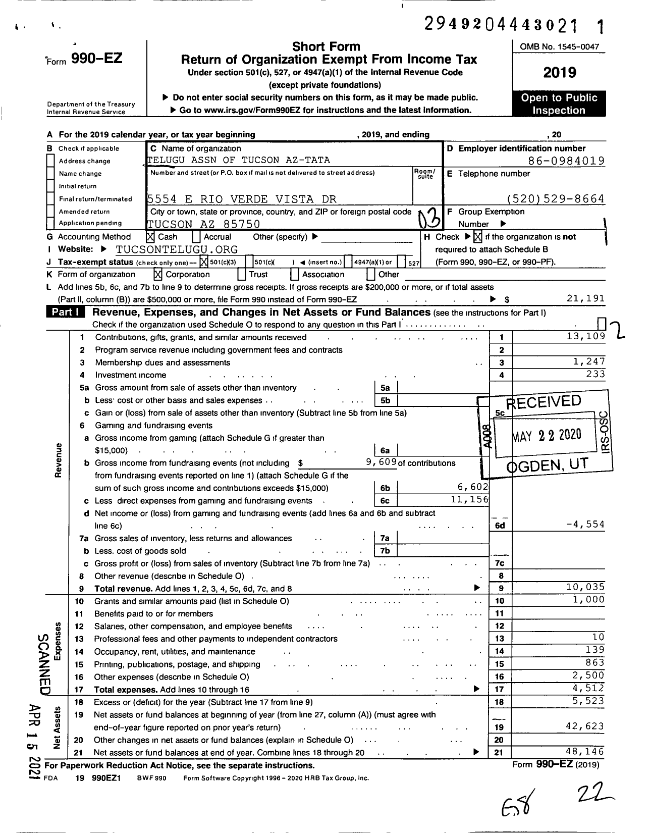 Image of first page of 2019 Form 990EZ for Telugu Association of Tucson Az-Tata (TATA)