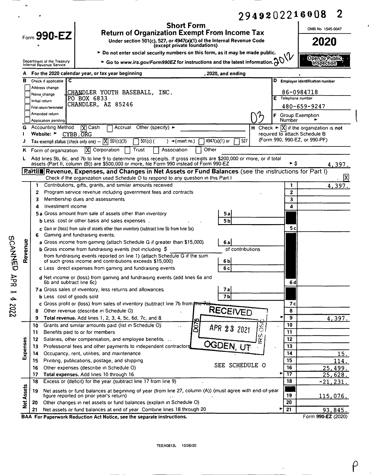 Image of first page of 2020 Form 990EZ for Chandler Youth Baseball