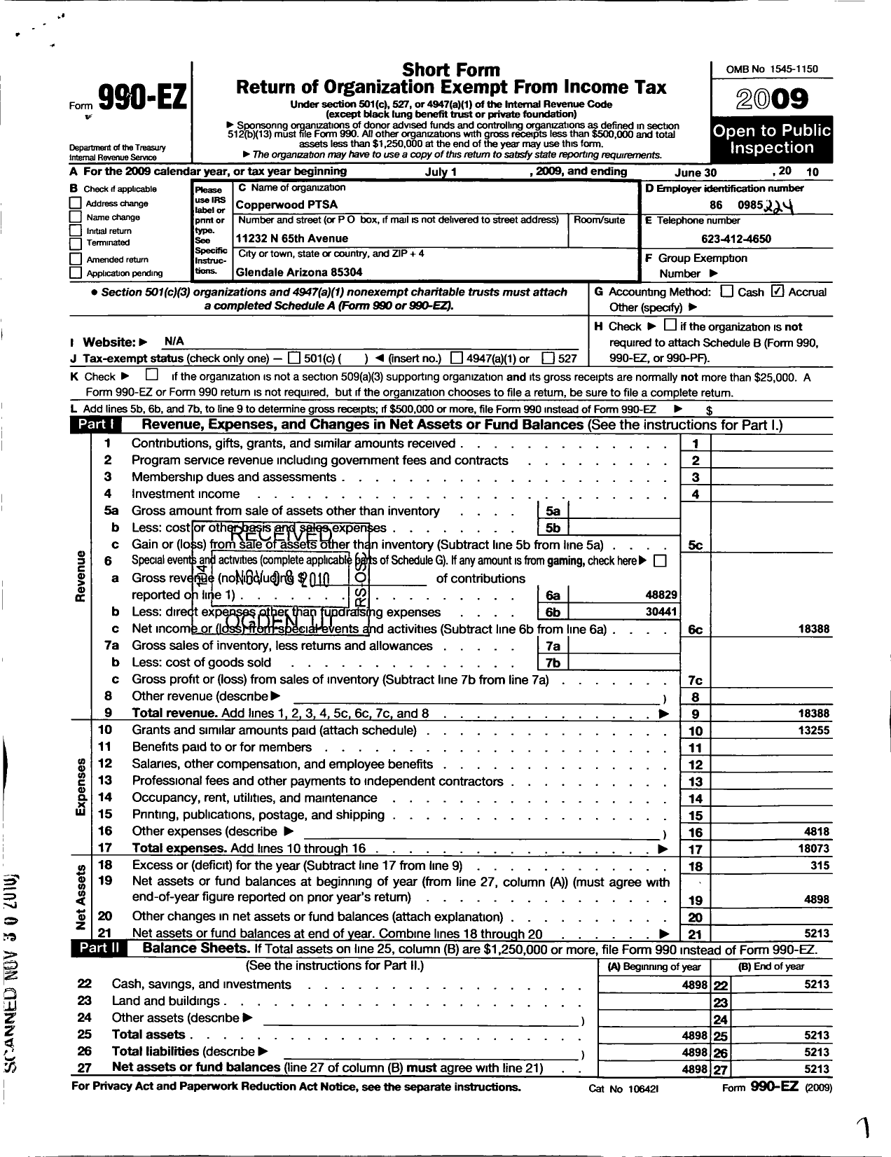 Image of first page of 2009 Form 990EO for PTA Arizona Congress of Parents and Teachers / Copperwood Ptsa