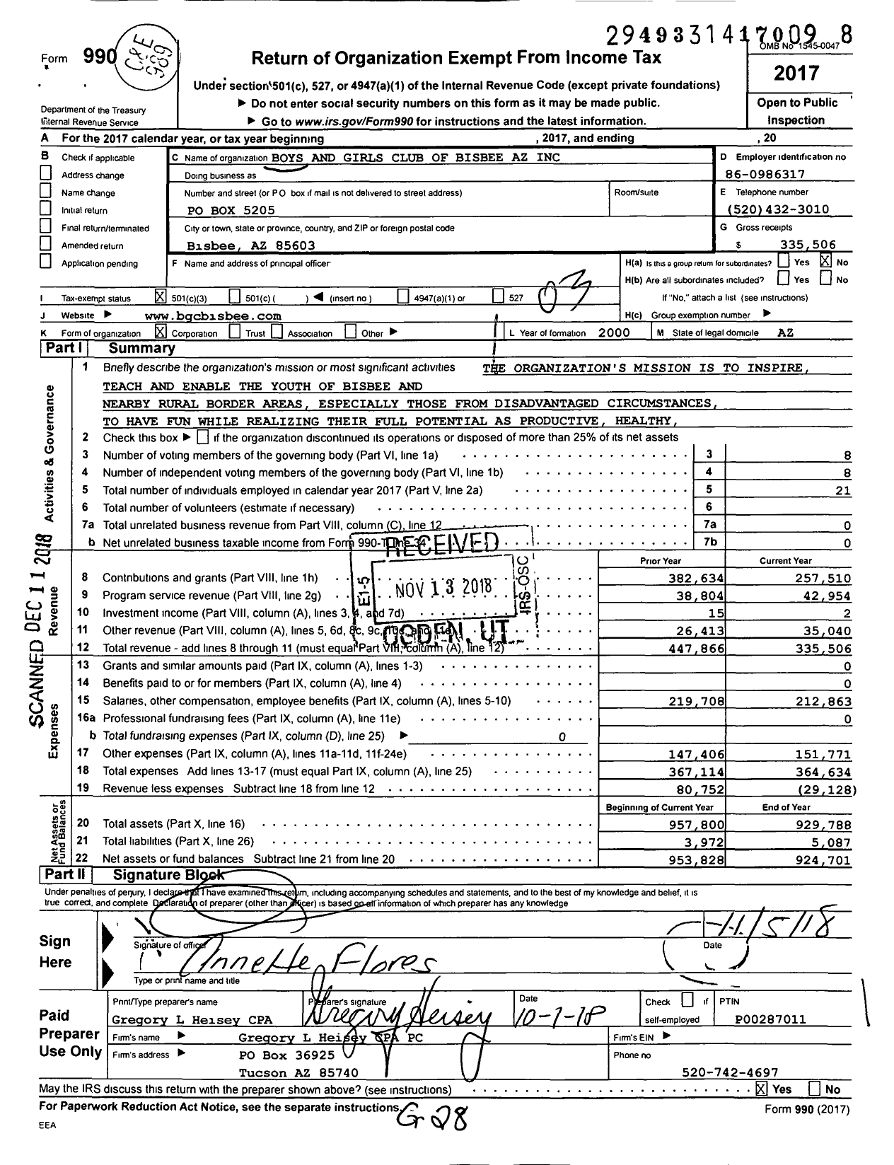 Image of first page of 2017 Form 990 for Boys and Girls Club of Bisbee Arizona