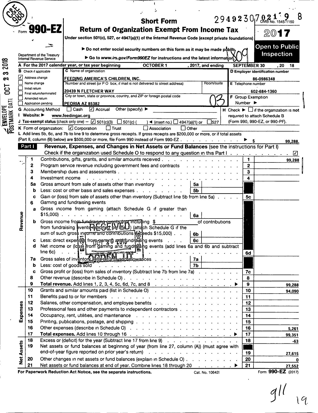 Image of first page of 2017 Form 990EZ for Feeding America's Children
