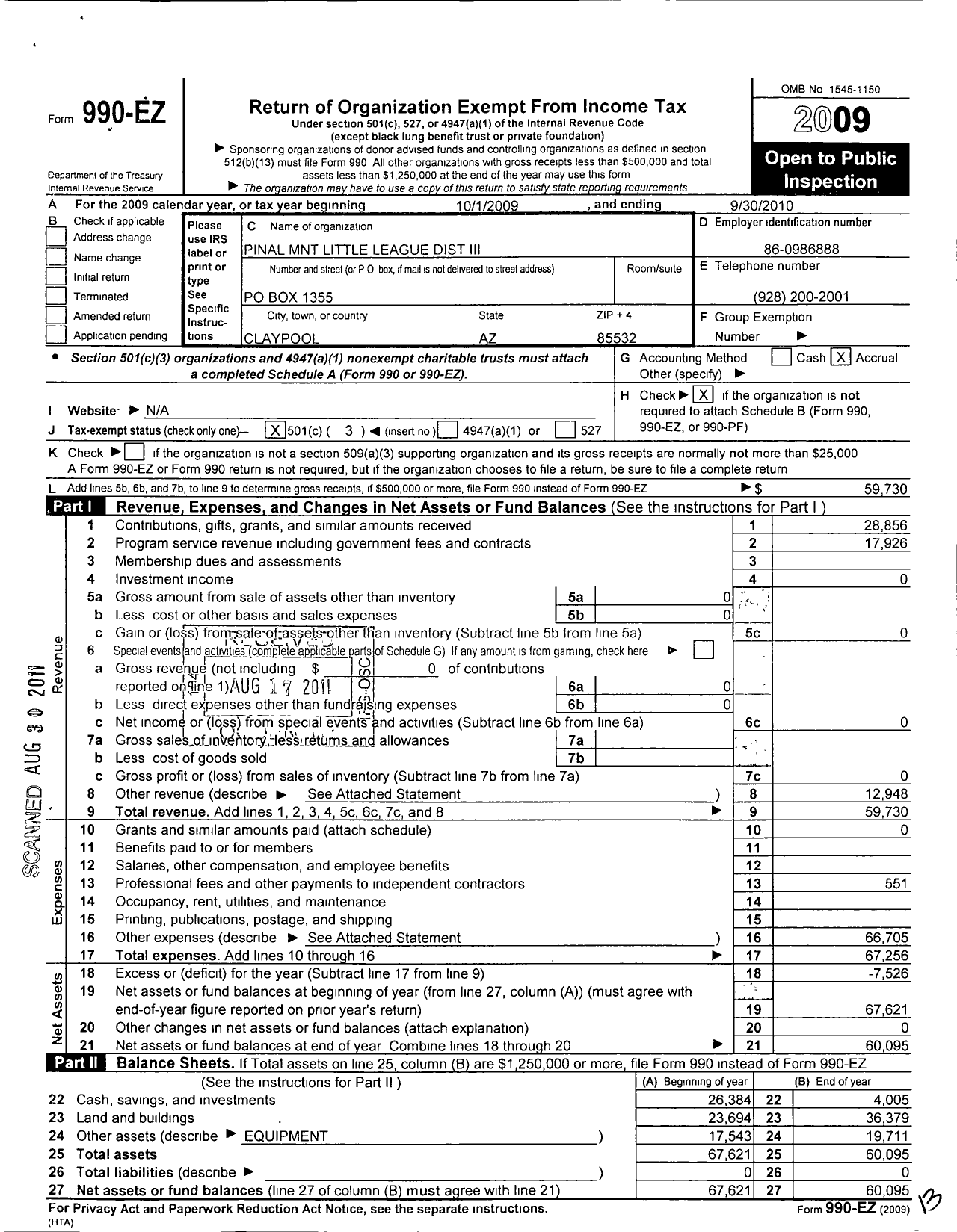 Image of first page of 2009 Form 990EZ for Little League Baseball - 4031102 Pinal Mountain LL