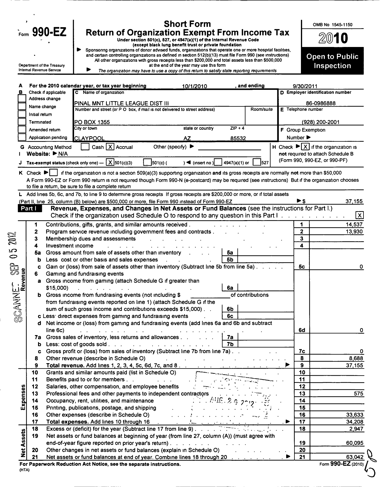 Image of first page of 2010 Form 990EZ for Little League Baseball - 4031102 Pinal Mountain LL