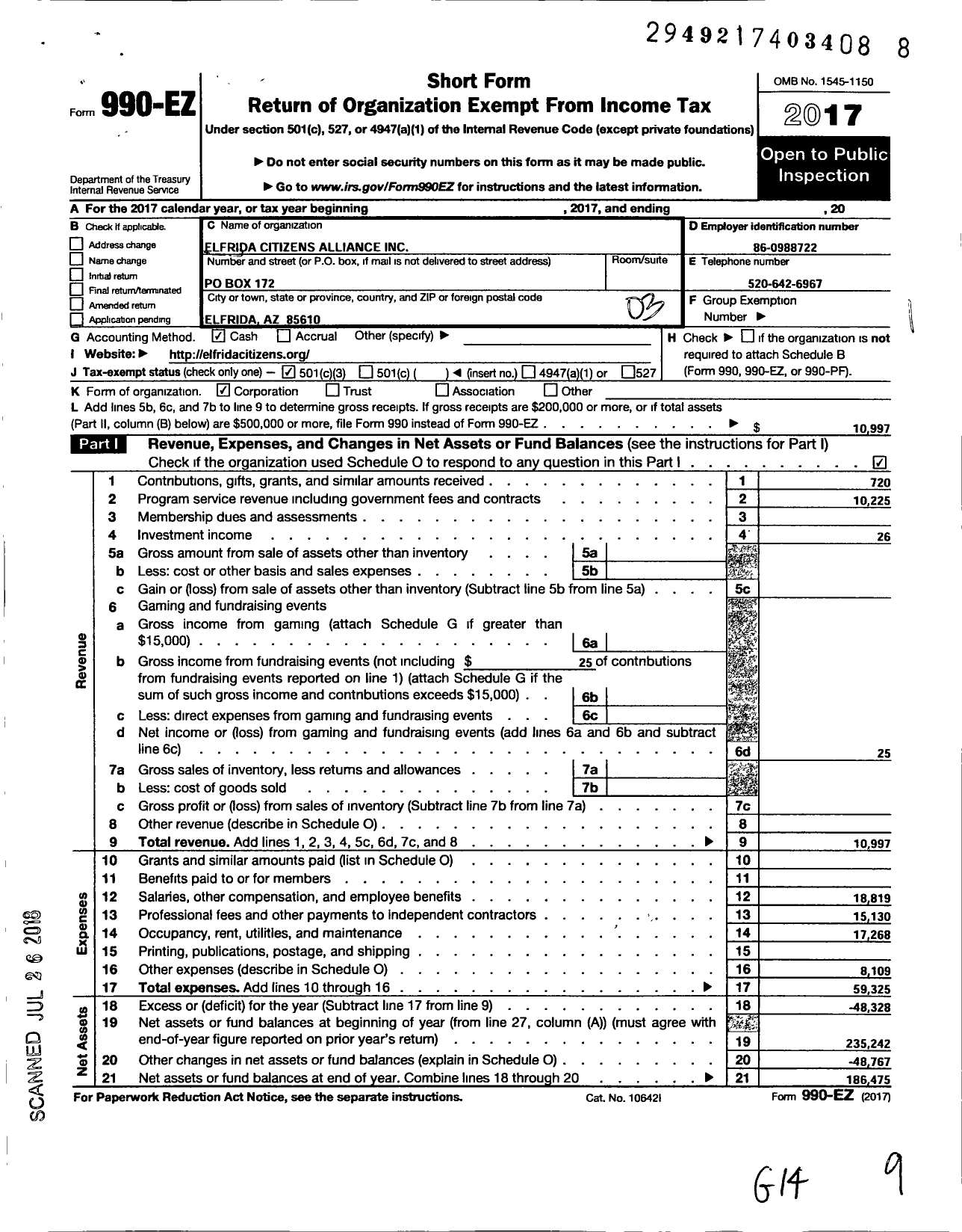 Image of first page of 2017 Form 990EZ for Elfrida Citizens Alliance