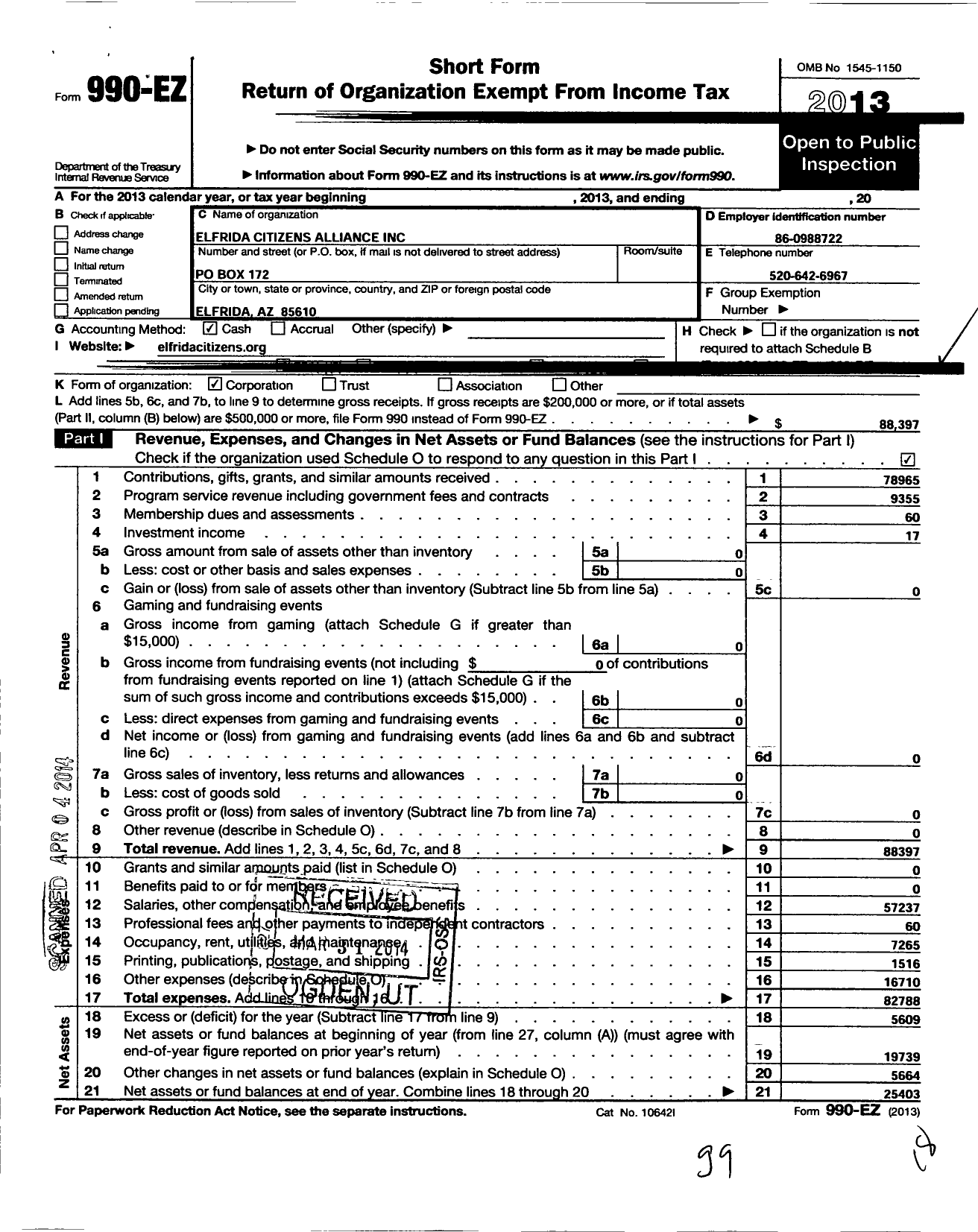 Image of first page of 2013 Form 990EO for Elfrida Citizens Alliance