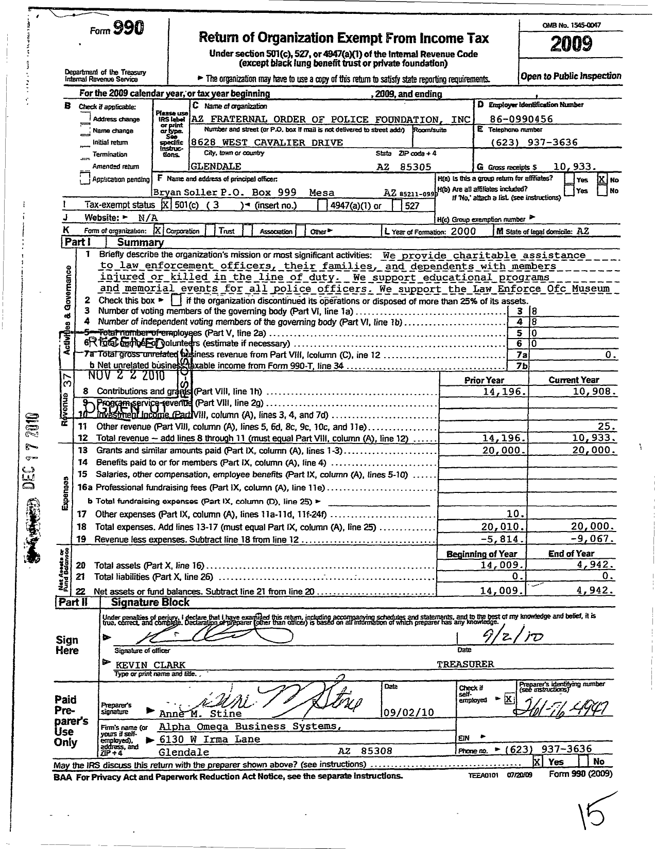 Image of first page of 2009 Form 990 for Arizona Fraternal Order of Police Foundation