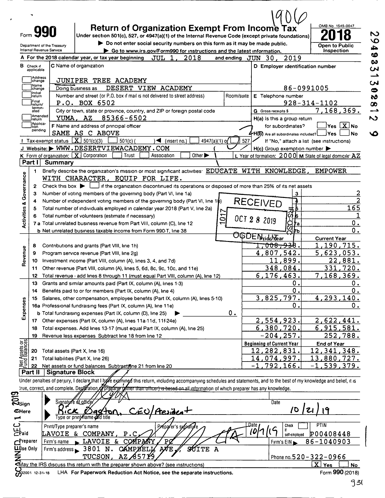 Image of first page of 2018 Form 990 for Desert View Academy