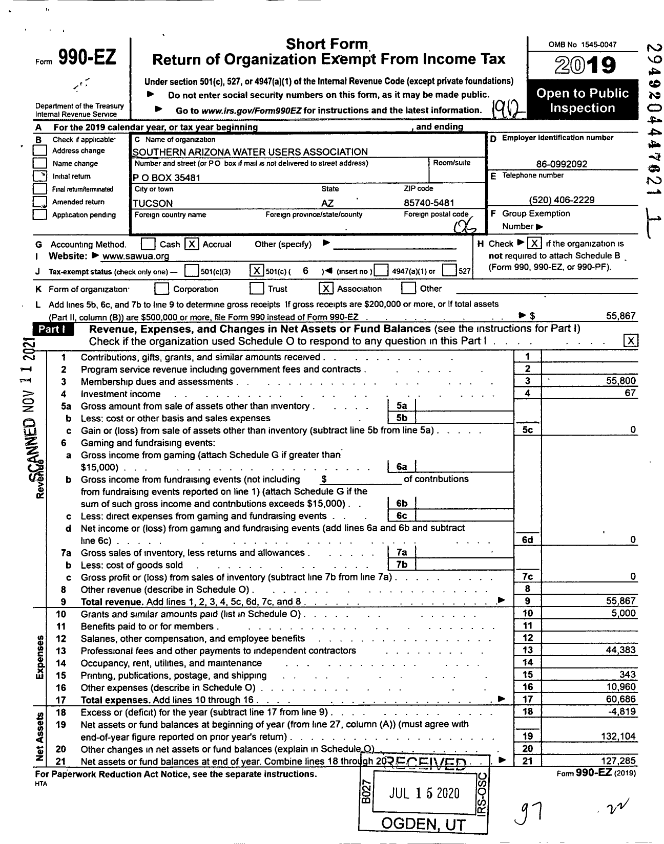 Image of first page of 2019 Form 990EO for Southern Arizona Water Users Association