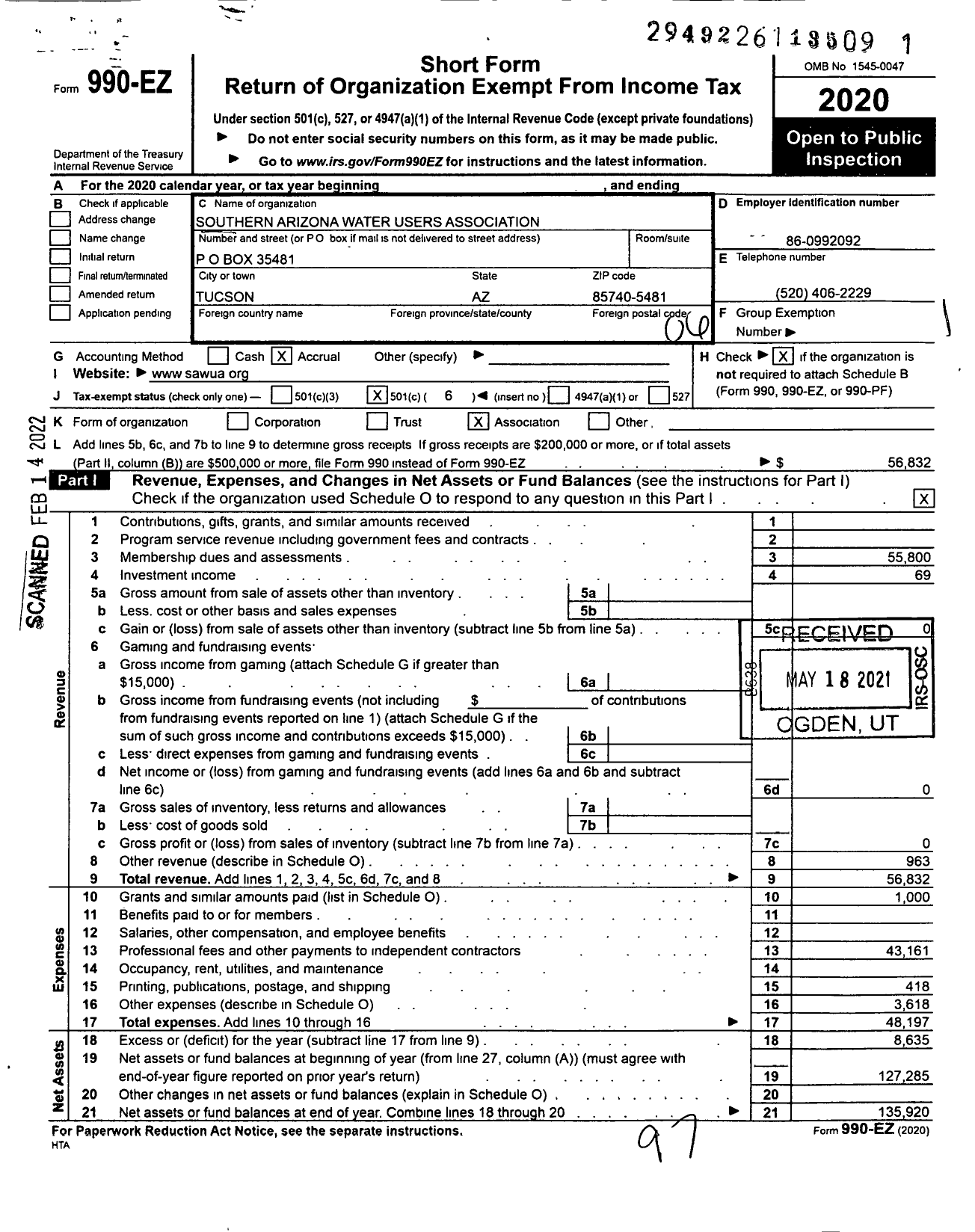 Image of first page of 2020 Form 990EO for Southern Arizona Water Users Association