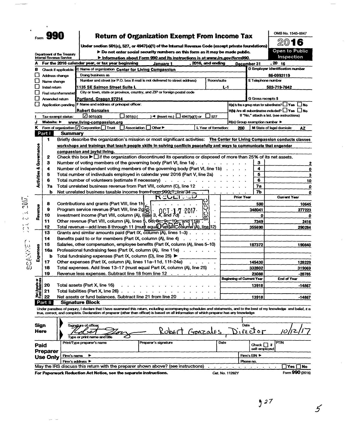 Image of first page of 2016 Form 990 for Center for Living Compassion