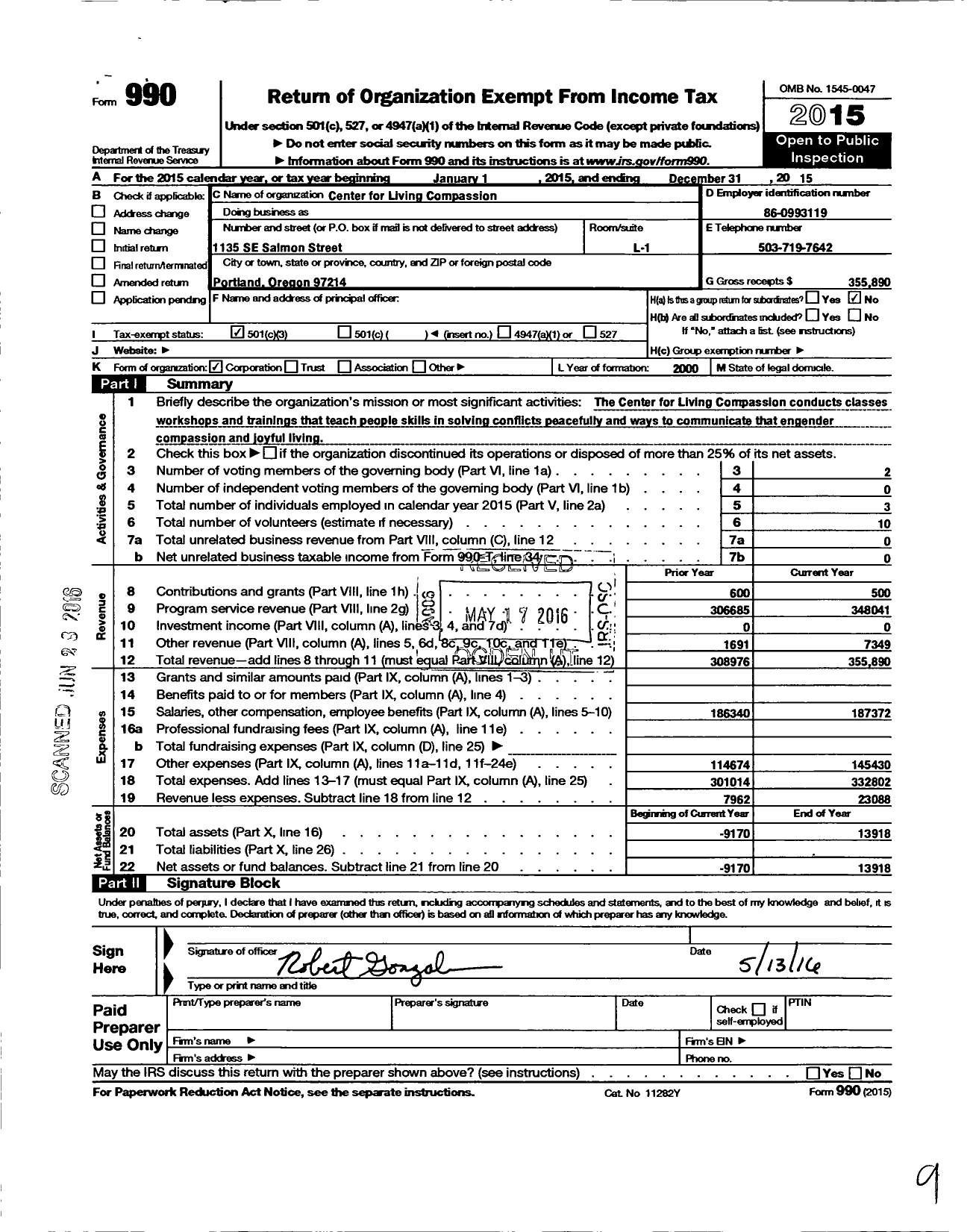 Image of first page of 2015 Form 990 for Center for Living Compassion