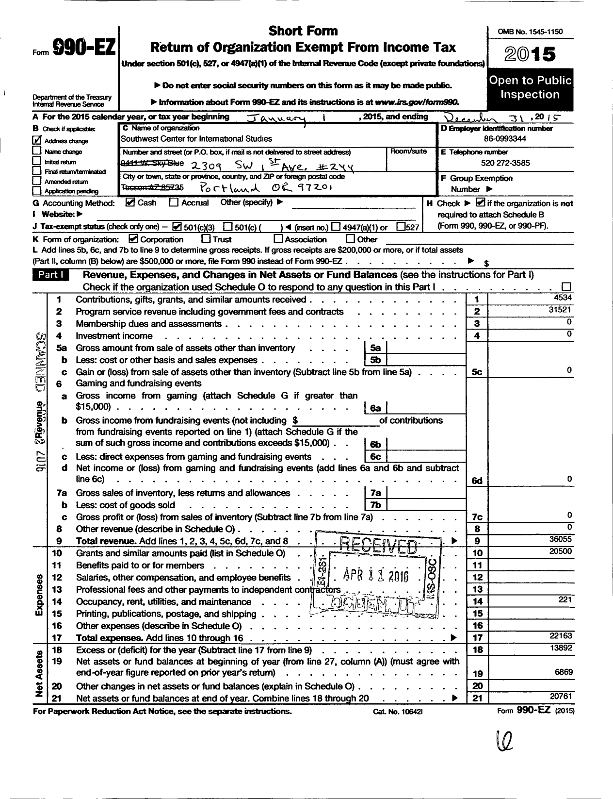 Image of first page of 2015 Form 990EZ for Southwest Center for International Studies