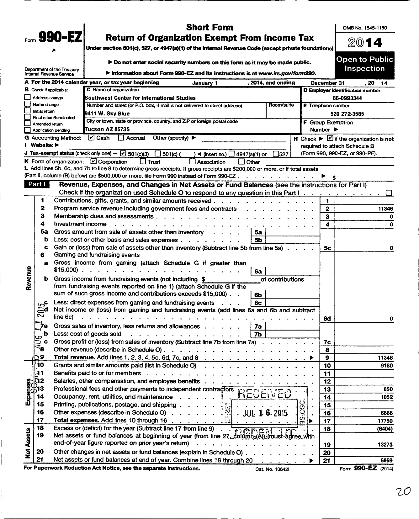 Image of first page of 2014 Form 990EZ for Southwest Center for International Studies