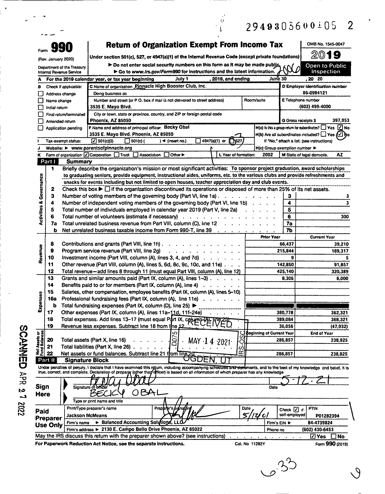 Image of first page of 2019 Form 990 for Pinnacle High Booster Club