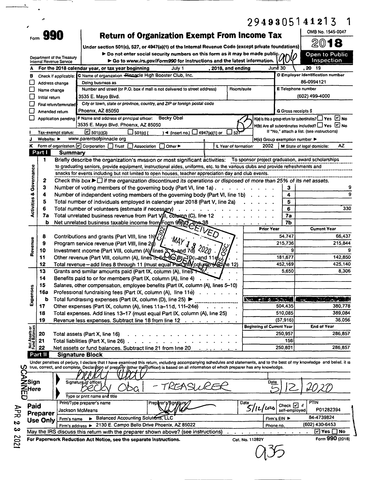 Image of first page of 2018 Form 990 for Pinnacle High Booster Club