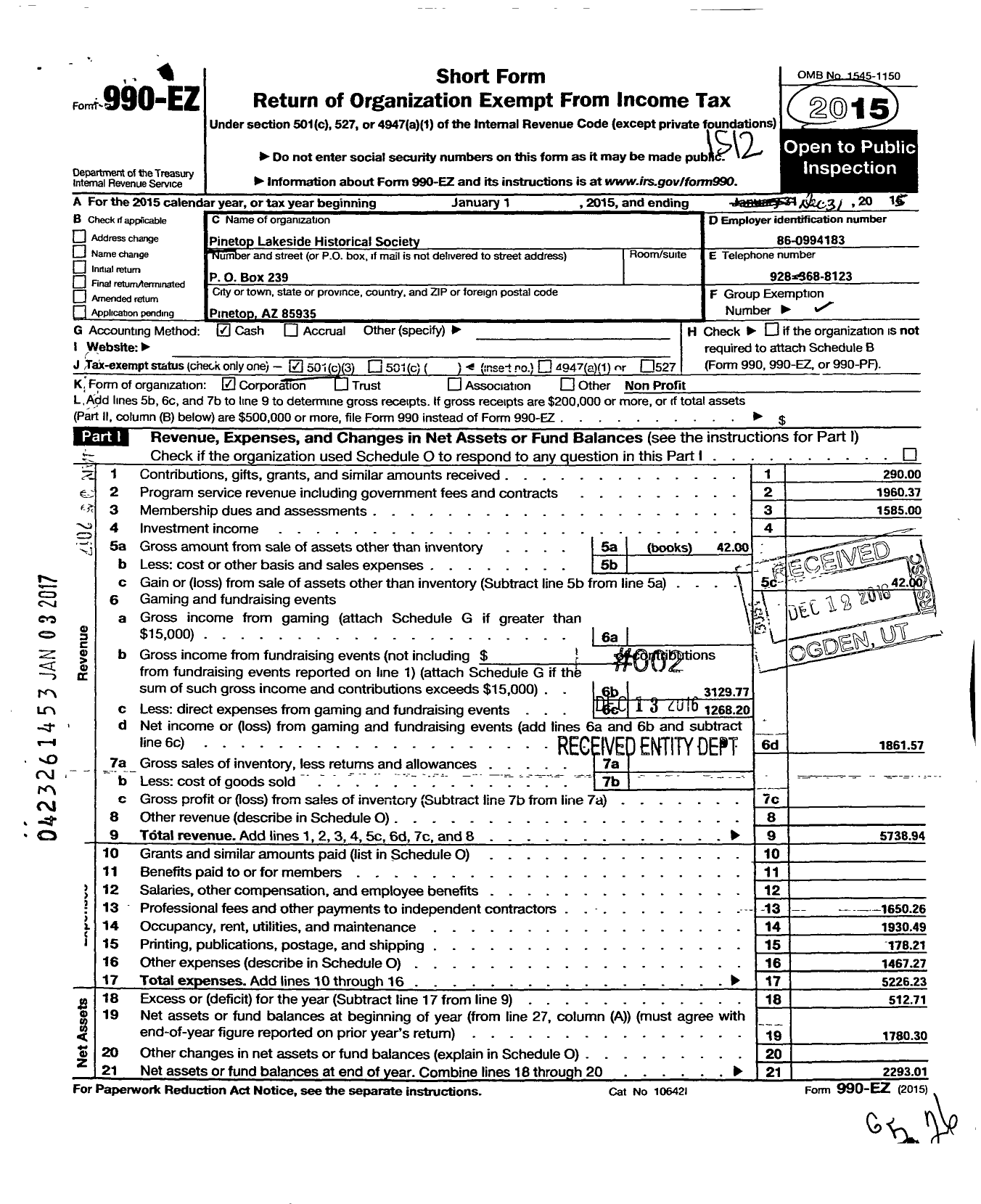 Image of first page of 2015 Form 990EZ for Pinetop Lakeside Historical Society