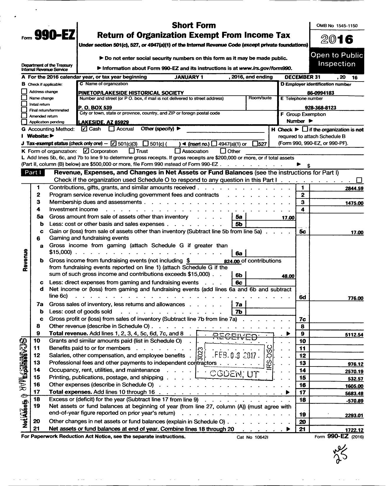 Image of first page of 2016 Form 990EZ for Pinetop Lakeside Historical Society