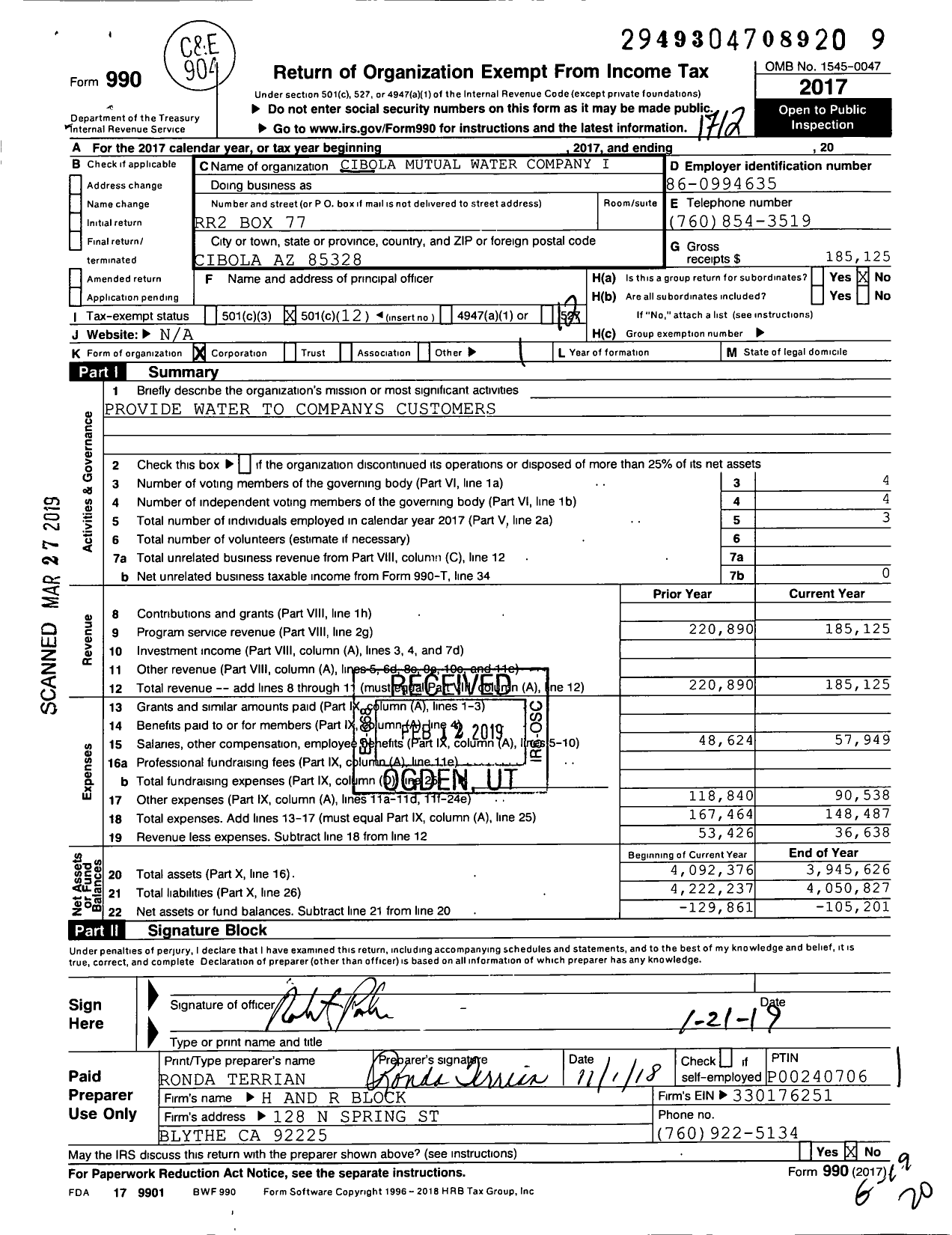 Image of first page of 2017 Form 990O for Cibola Mutual Water Company